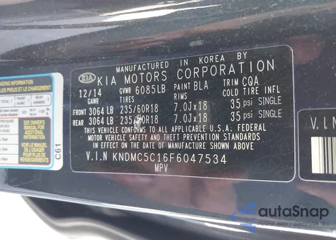 2015 Kia Sedona Sx z USA, uszkodzony, nr VIN KNDMC5C16F6047534